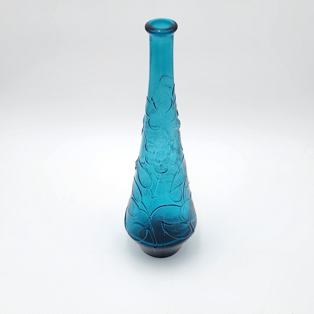 Vintage Empoli Italy Teal Blue Glass Genie Bottle Decanter Butterfly Flowers MCM - Picture 10 of 12